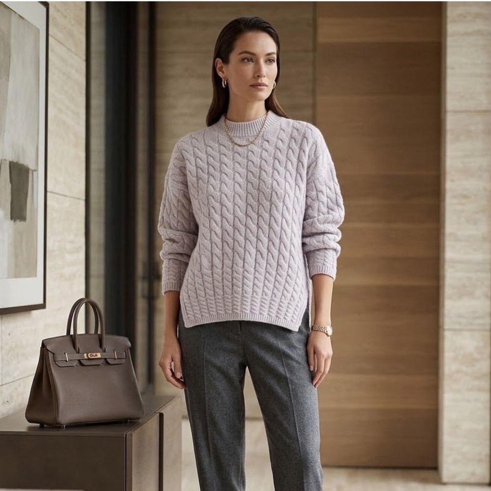 Theory Karenia Lilac Cable Knit Felted Wool Cashmere Fisherman Sweater P/XS